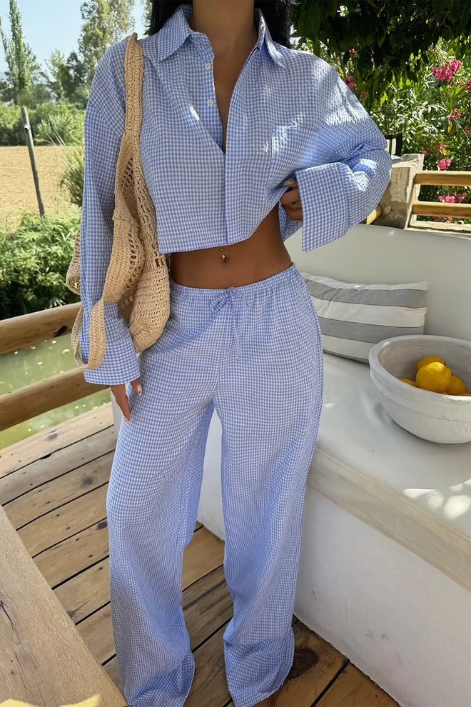 Gingham Checkered Pantsuit - Blue